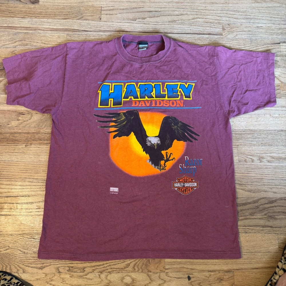 Vintage 90s Harley-Davidson Razor Sharp Eagle Graphic T-Shirt Mens XL‎ Maroon
